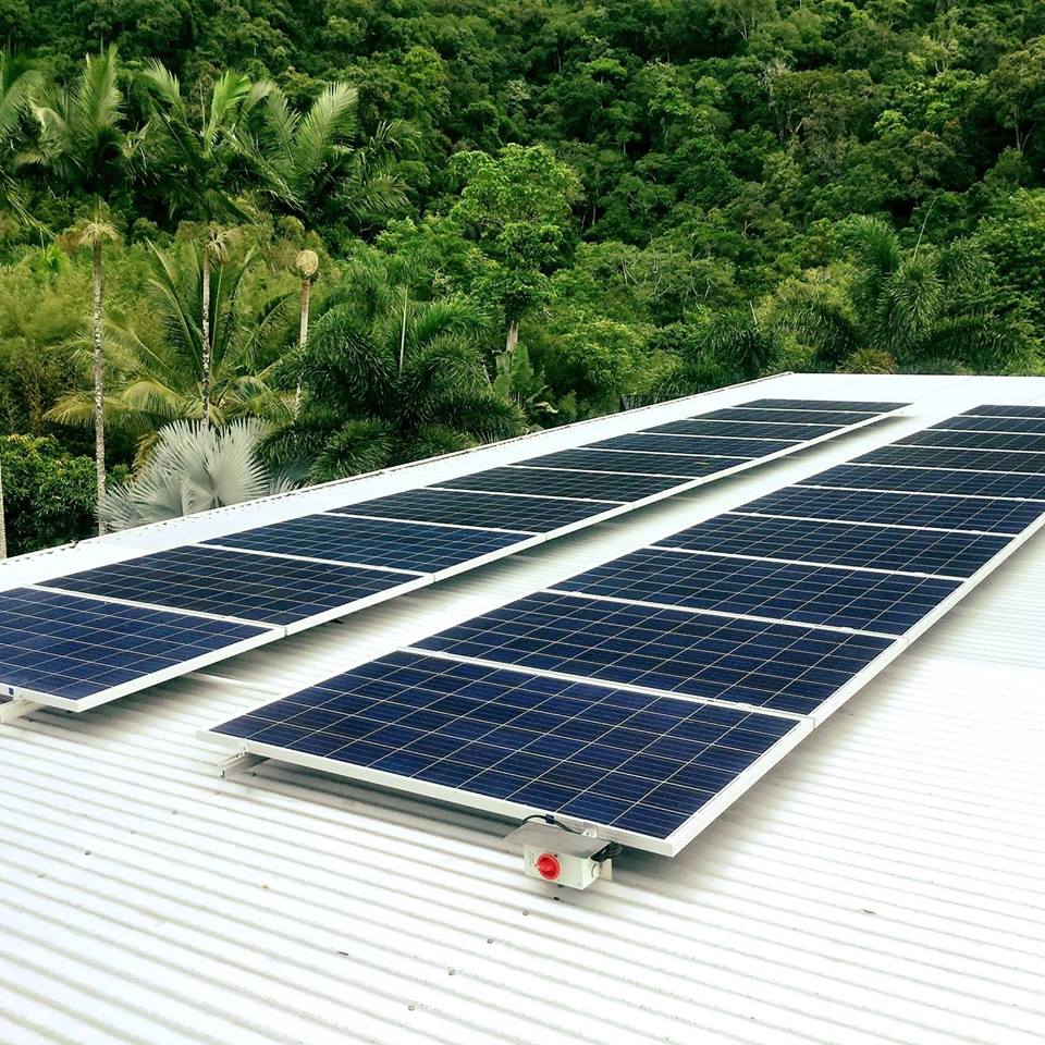 Aerial view of solar panels on the roof of East Coast Energy Solutions