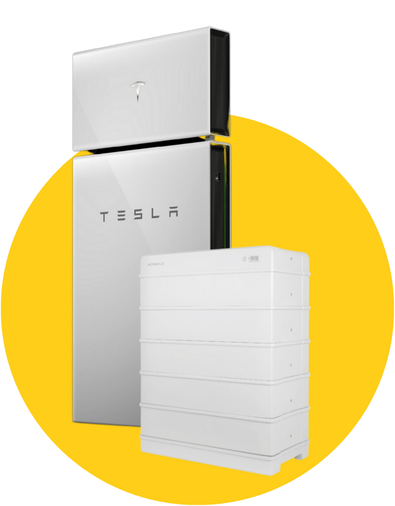 Tesla battery in front of a yellow circle and next to a white box